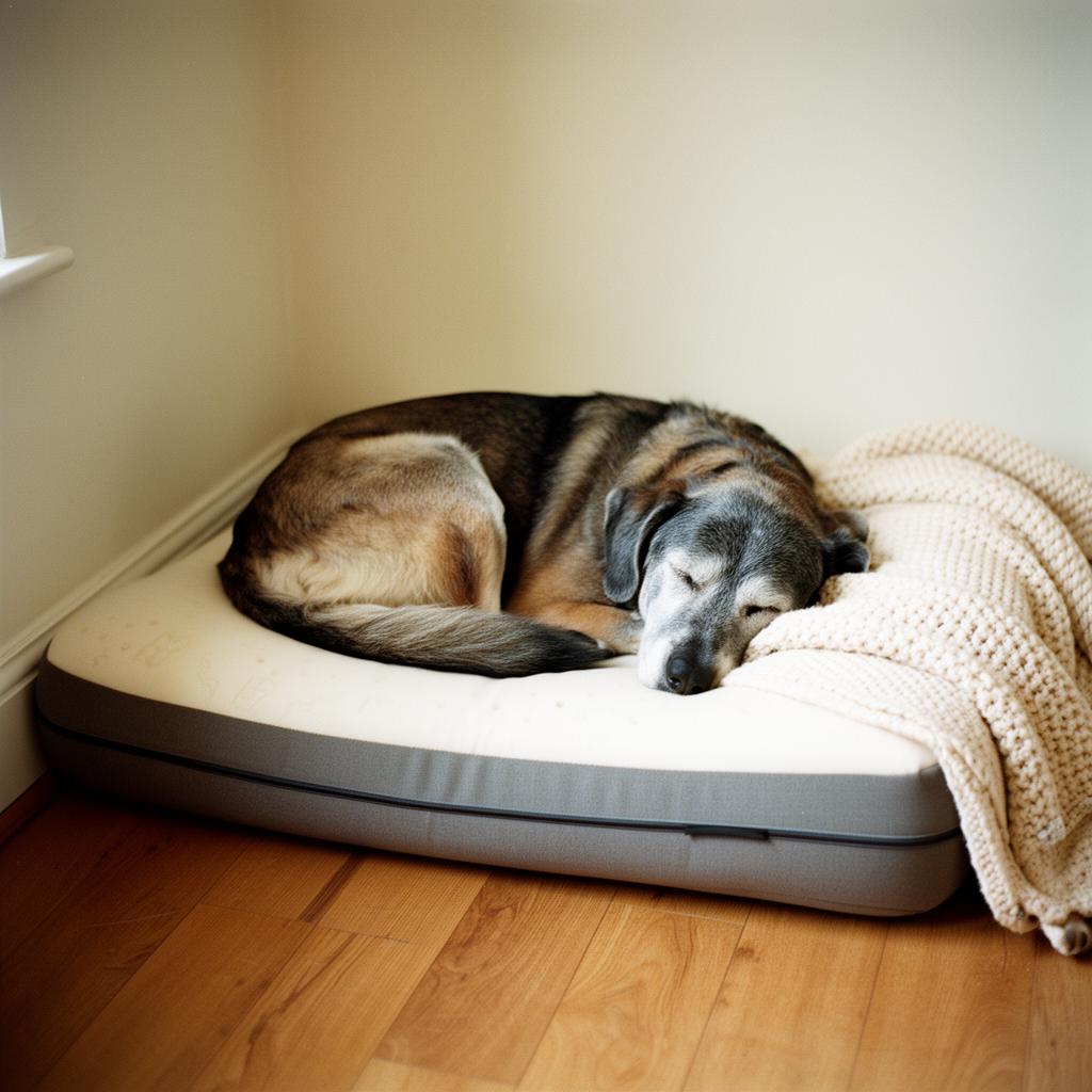 Plush orthopedic dog bed in a warm cream living room