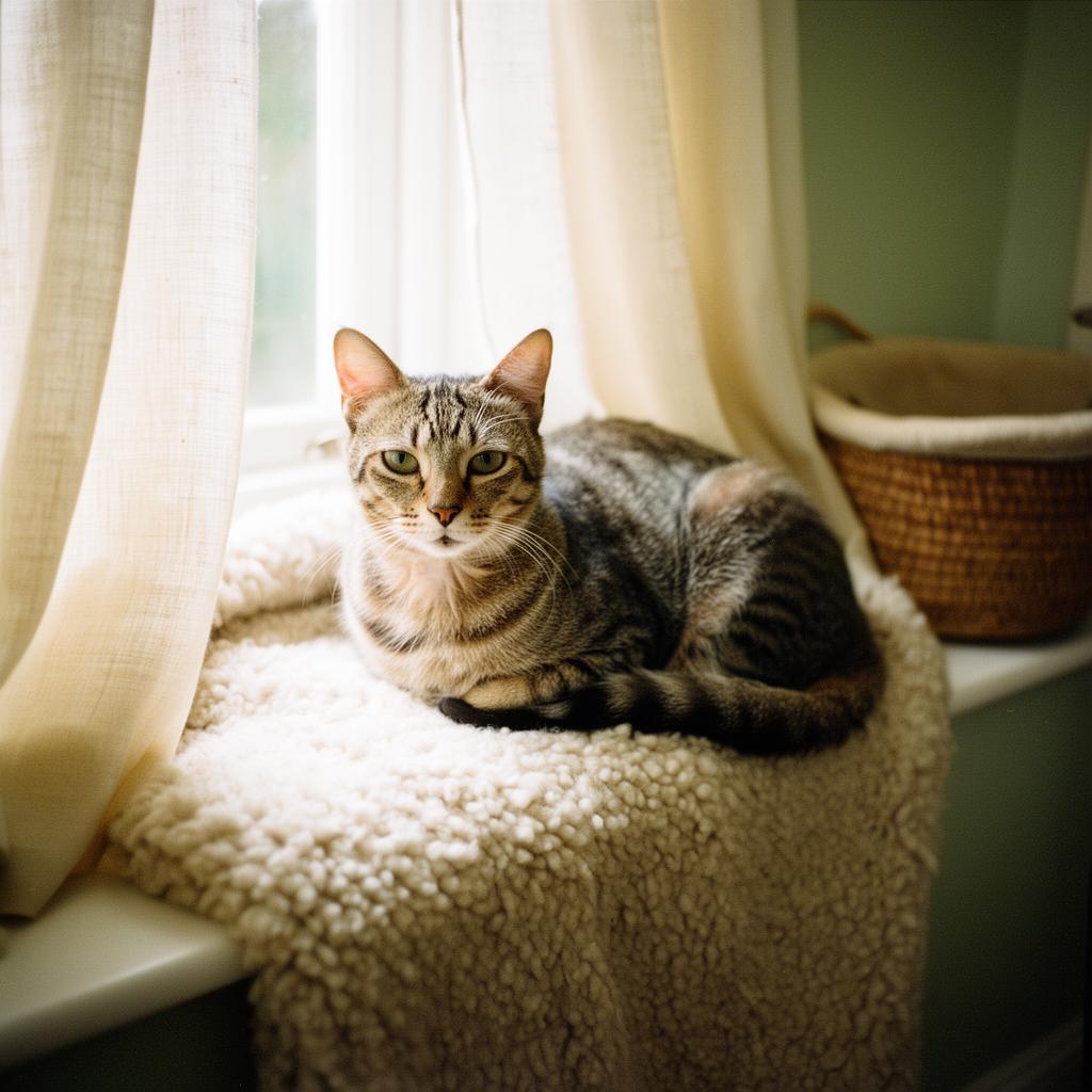 Older grey tabby cat resting on a soft blanket by a sunlit window