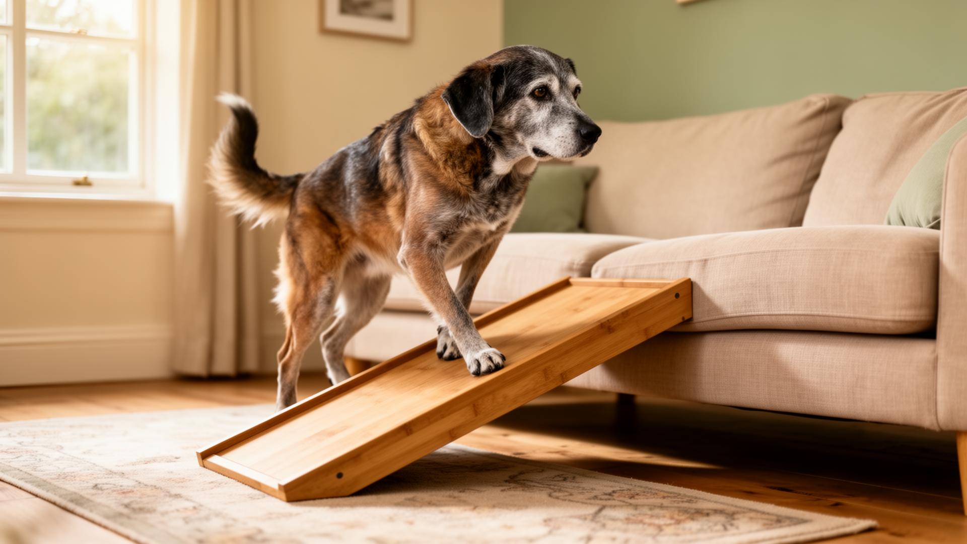 Older dog walking up a wooden pet ramp at home