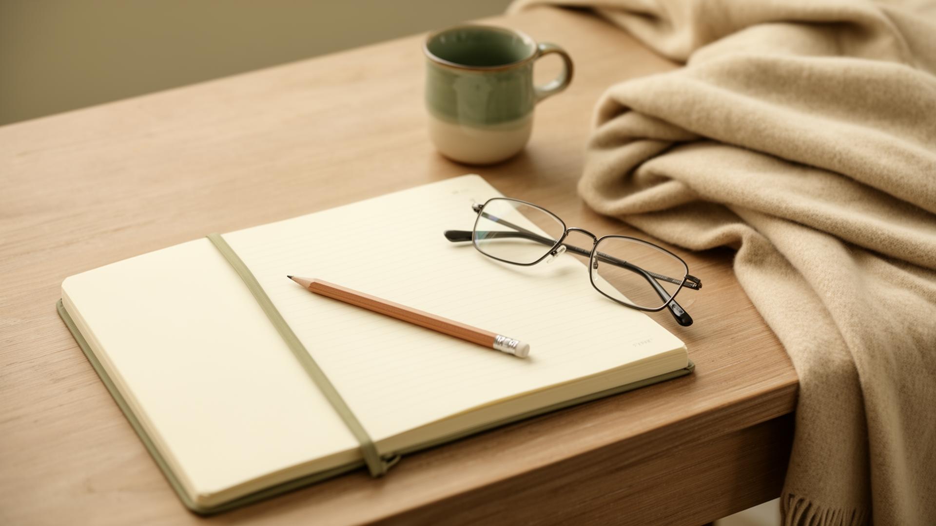 An open notebook, reading glasses and a warm mug on a quiet wooden desk