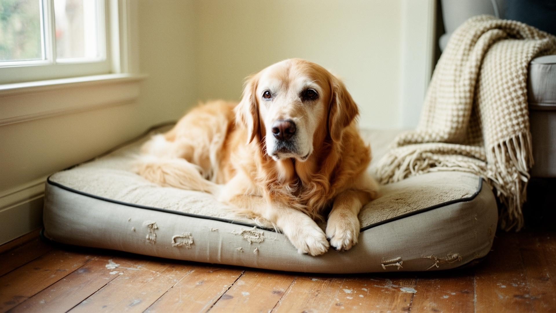 Older golden retriever resting peacefully on a soft orthopedic dog bed in a warm cream UK home